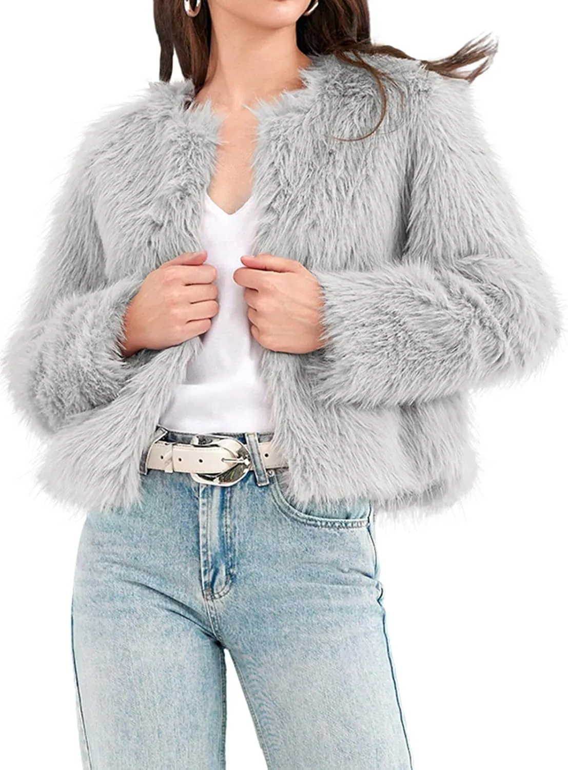 Fisoew Womens Faux Fur Coat Long Sleeve Cropped Fleece Open Front Short Jacket Outerwear