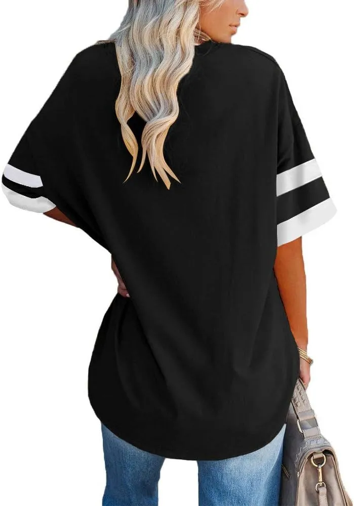 Fisoew Womens Oversized Tees Loose T Shirts Half Sleeve Crew Neck Color Block Cotton Tunic Tops