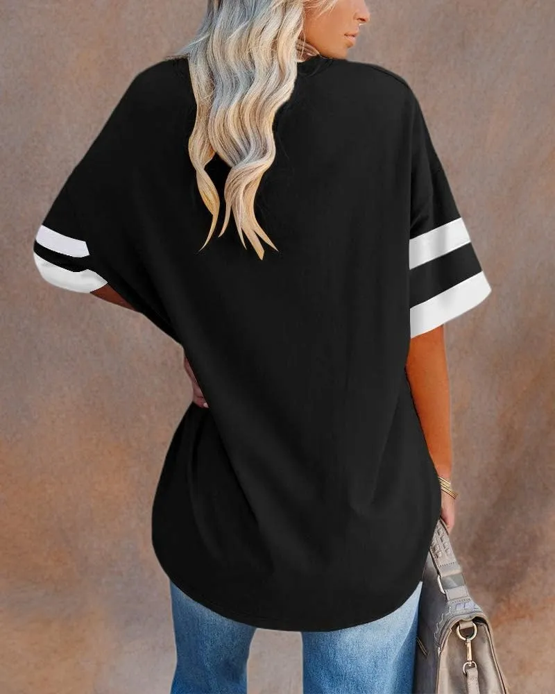 Fisoew Womens Oversized Tees Loose T Shirts Half Sleeve Crew Neck Color Block Cotton Tunic Tops