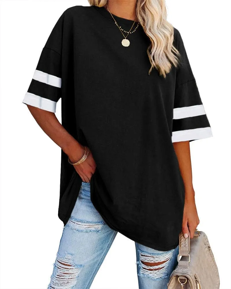 Fisoew Womens Oversized Tees Loose T Shirts Half Sleeve Crew Neck Color Block Cotton Tunic Tops