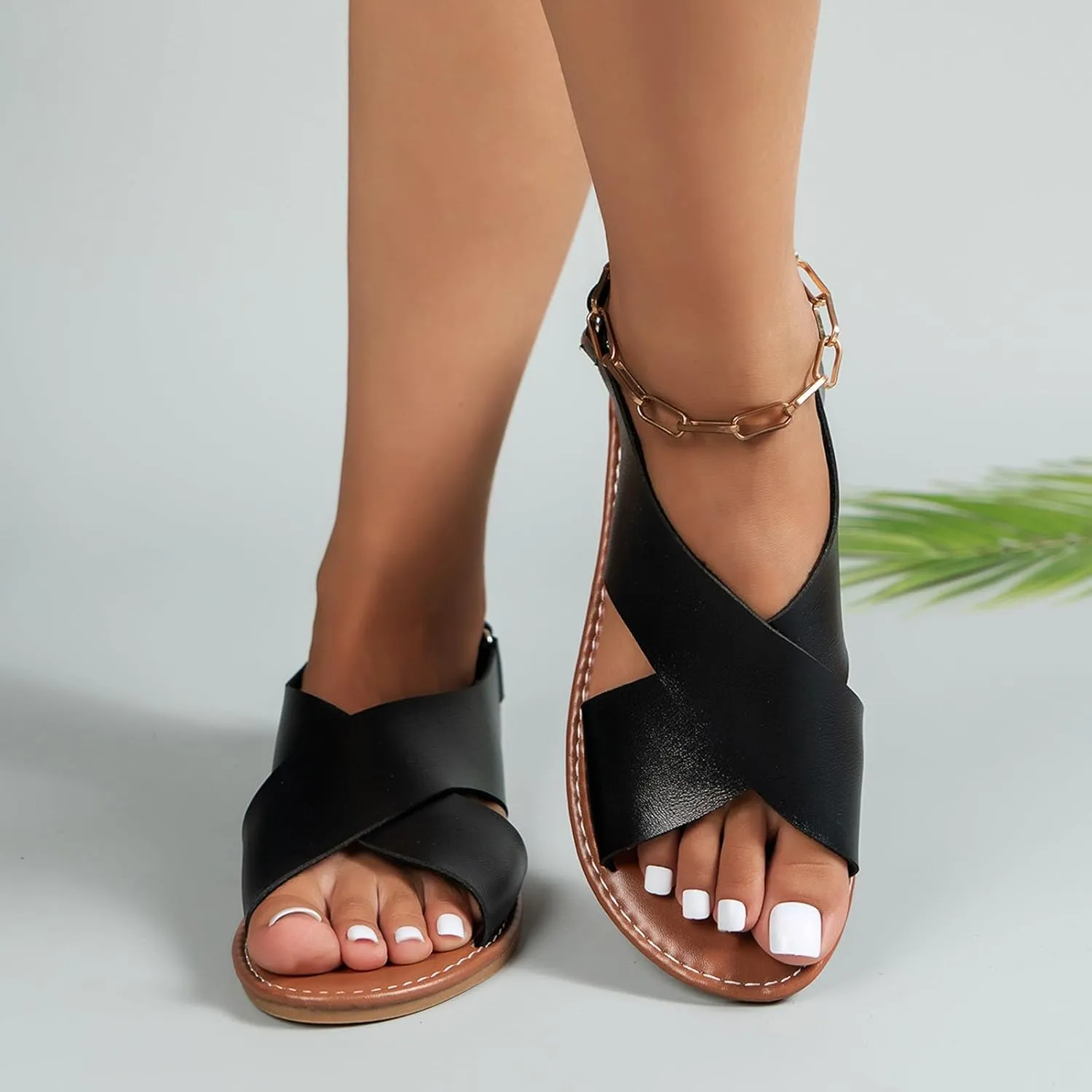Flat Sandals for Women,Open Toe Ankle Strap Gladiator Sandals,Criss Cross Slingback Comfort Casual Walking Flats with Hook & Loop Strap