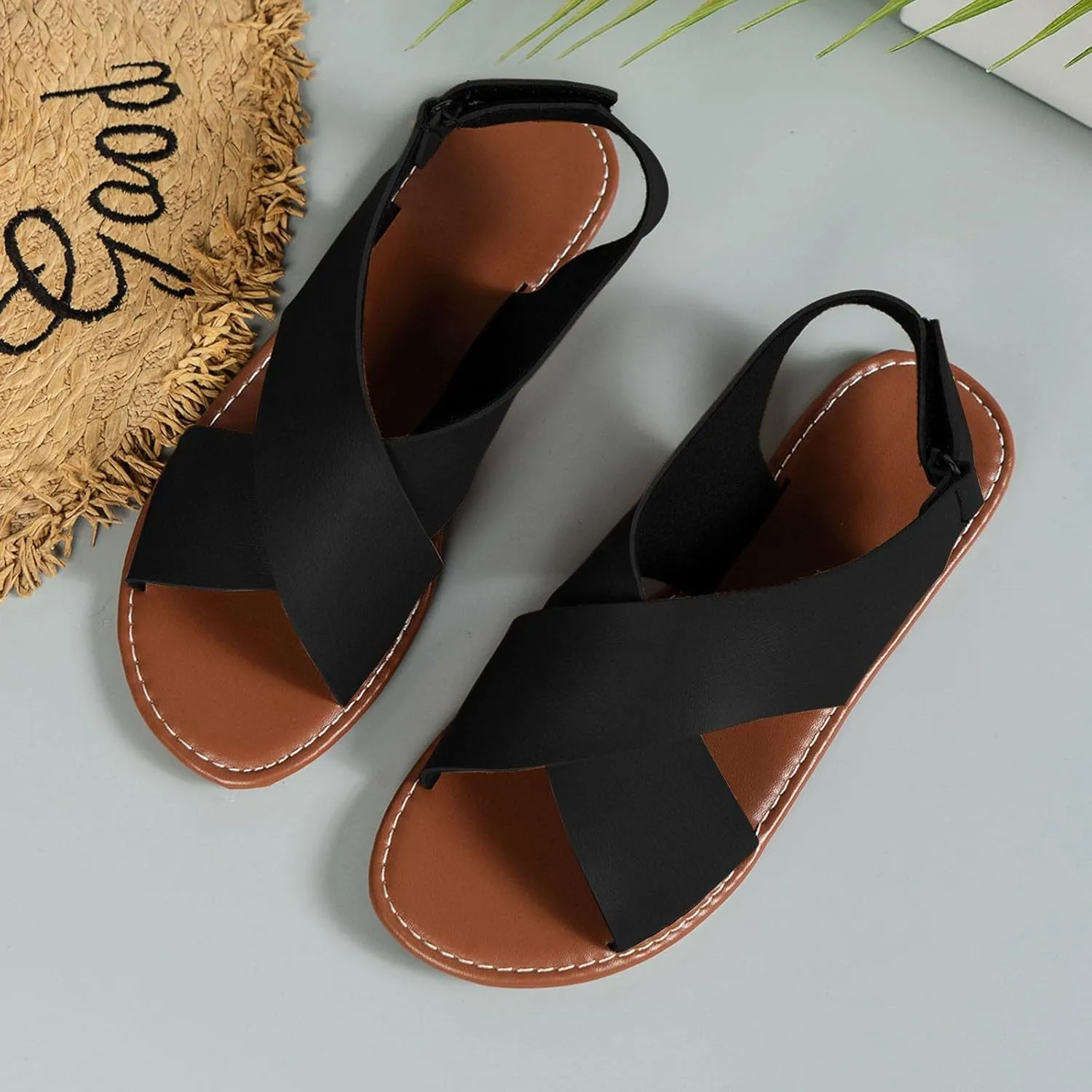 Flat Sandals for Women,Open Toe Ankle Strap Gladiator Sandals,Criss Cross Slingback Comfort Casual Walking Flats with Hook & Loop Strap