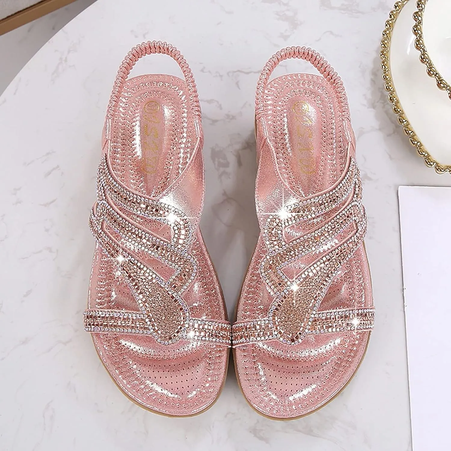 Flats Sandals for Women Bohemian Outdoor with Arch Support Rhinestone Shoes Summer Beach Walking Casual Sandals