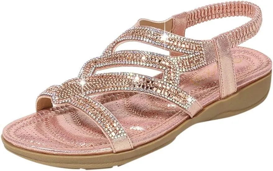Flats Sandals for Women Bohemian Outdoor with Arch Support Rhinestone Shoes Summer Beach Walking Casual Sandals