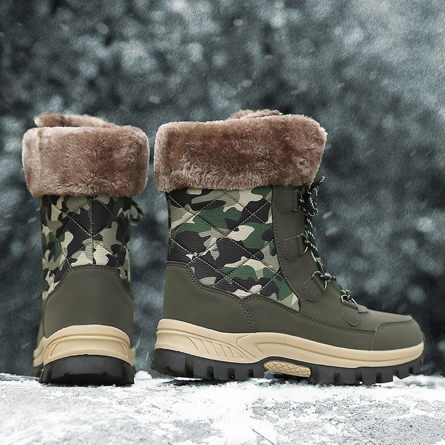 FLIOZY Womens Snow Boots Anti-Slip Waterproof Lace Up Camouflage Winter Mid-Calf Boot Warm Fur Lined Shoes for Women