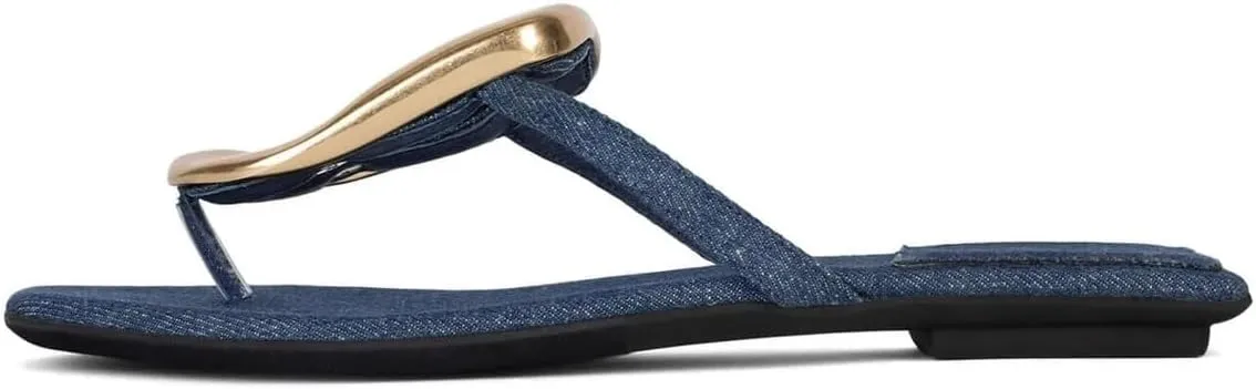 Flip-Flops for Women Thong Sandals Flat Black Slip on Slides Leather Beach Comfort Open Square Toe Ladies Slipper Dressy Metal Hardware Decoration Summer Shoes Casual Fashion