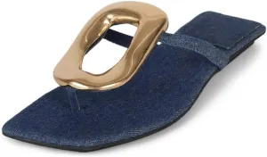 Flip-Flops for Women Thong Sandals Flat Black Slip on Slides Leather Beach Comfort Open Square Toe Ladies Slipper Dressy Metal Hardware Decoration Summer Shoes Casual Fashion