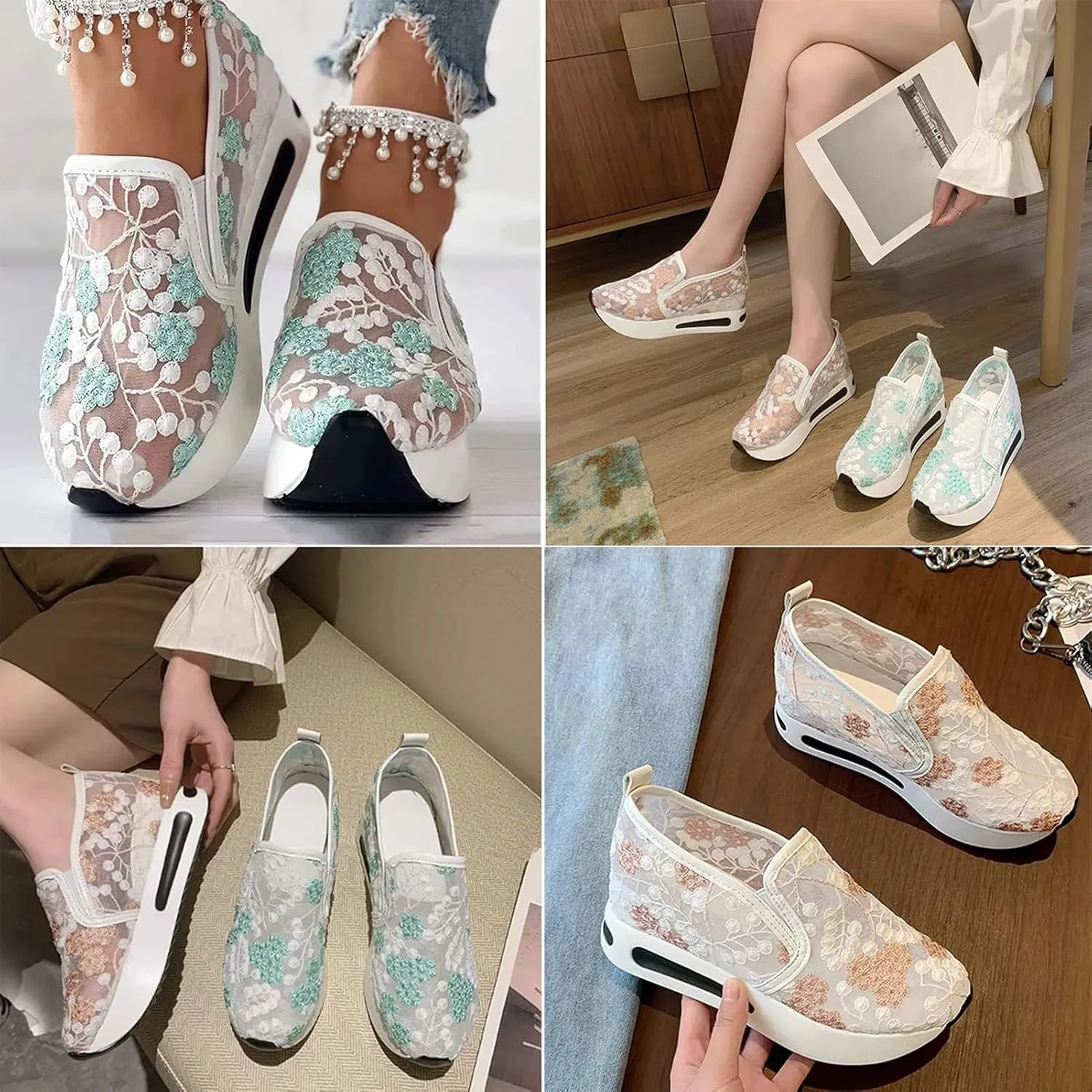 Floral Embroidery Breathable Sheer Mesh Sneakers, 2023 Spring Lace Mesh Casual Shoes, Floral Embroidery Sheer Mesh Sneakers for Women (US 9,Green)