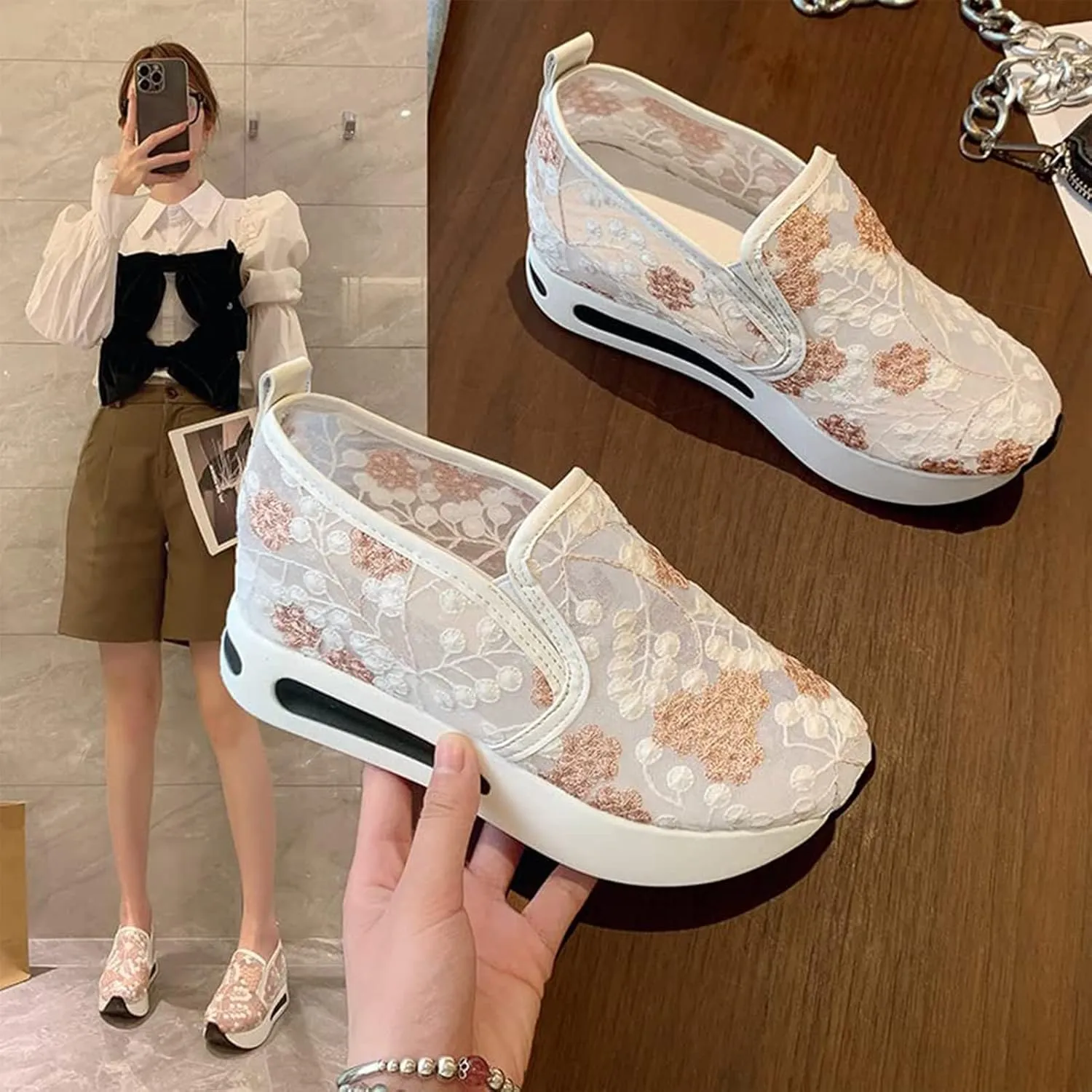 Floral Embroidery Breathable Sheer Mesh Sneakers, 2023 Spring Lace Mesh Casual Shoes, Floral Embroidery Sheer Mesh Sneakers for Women (US 9,Green)
