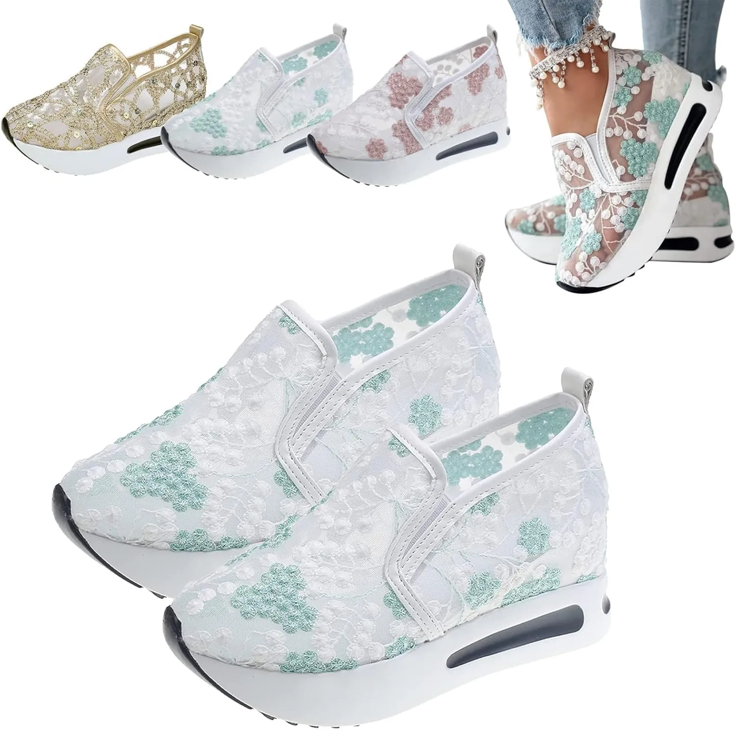 Floral Embroidery Breathable Sheer Mesh Sneakers, 2023 Spring Lace Mesh Casual Shoes, Floral Embroidery Sheer Mesh Sneakers for Women (US 9,Green)