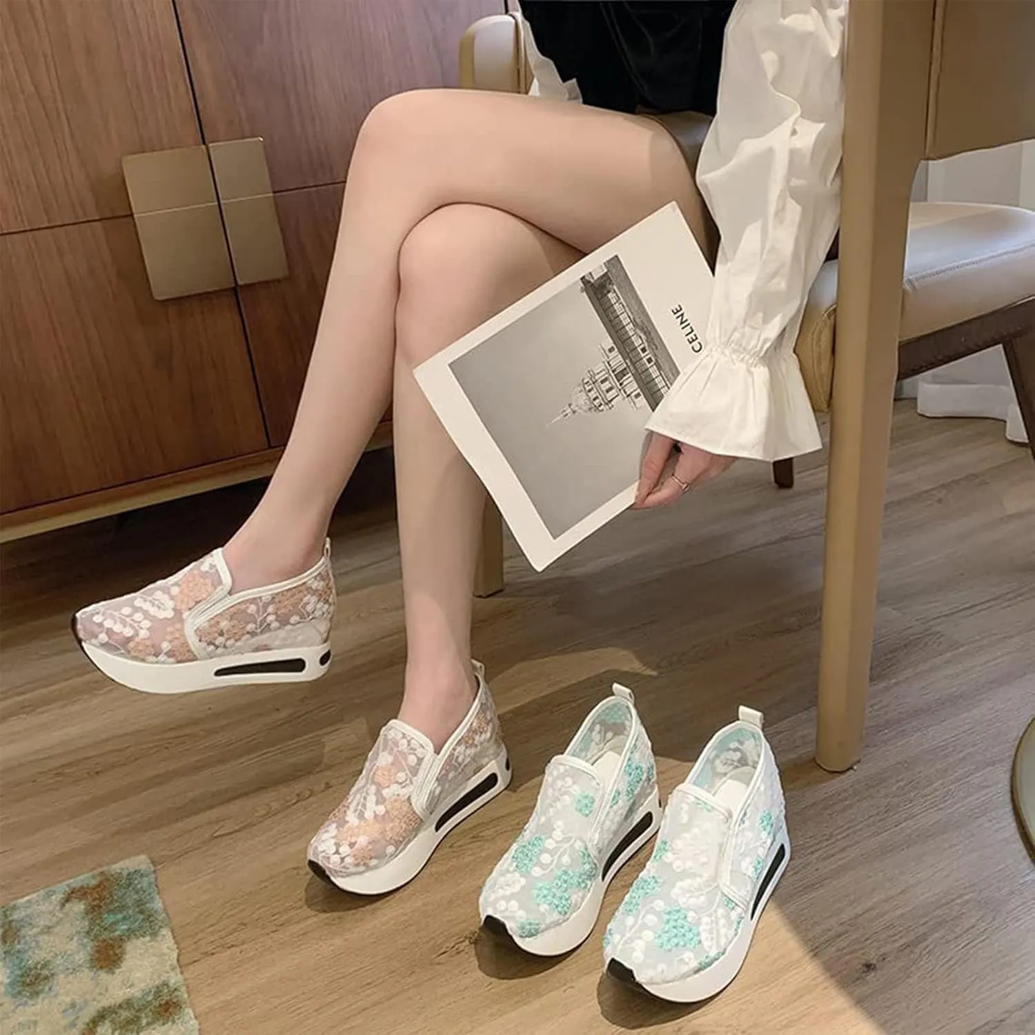 Floral Embroidery Breathable Sheer Mesh Sneakers, 2023 Spring Lace Mesh Casual Shoes, Floral Embroidery Sheer Mesh Sneakers for Women (US 9,Green)