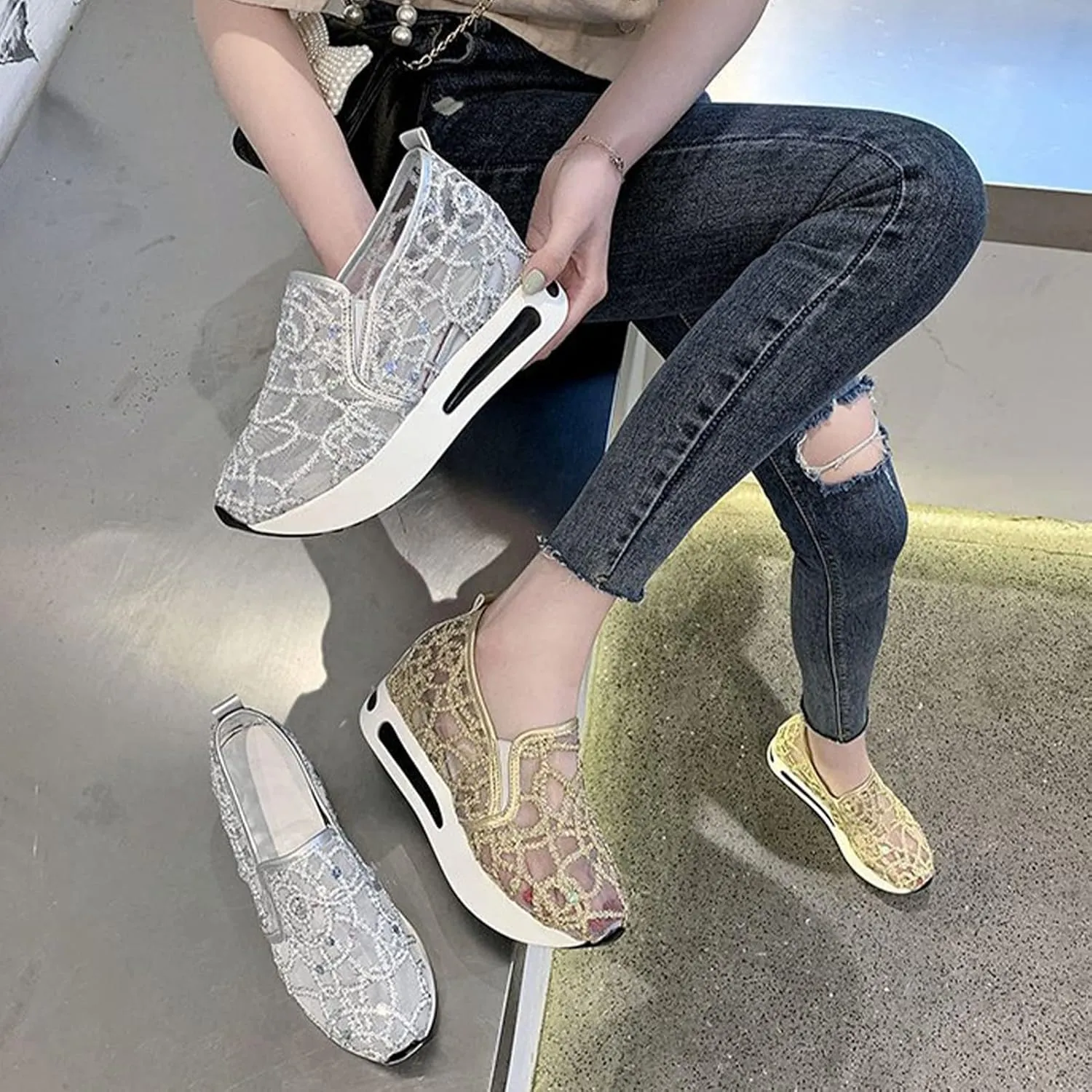 Floral Embroidery Breathable Sheer Mesh Sneakers, 2023 Spring Lace Mesh Casual Shoes, Floral Embroidery Sheer Mesh Sneakers for Women (US 9,Green)