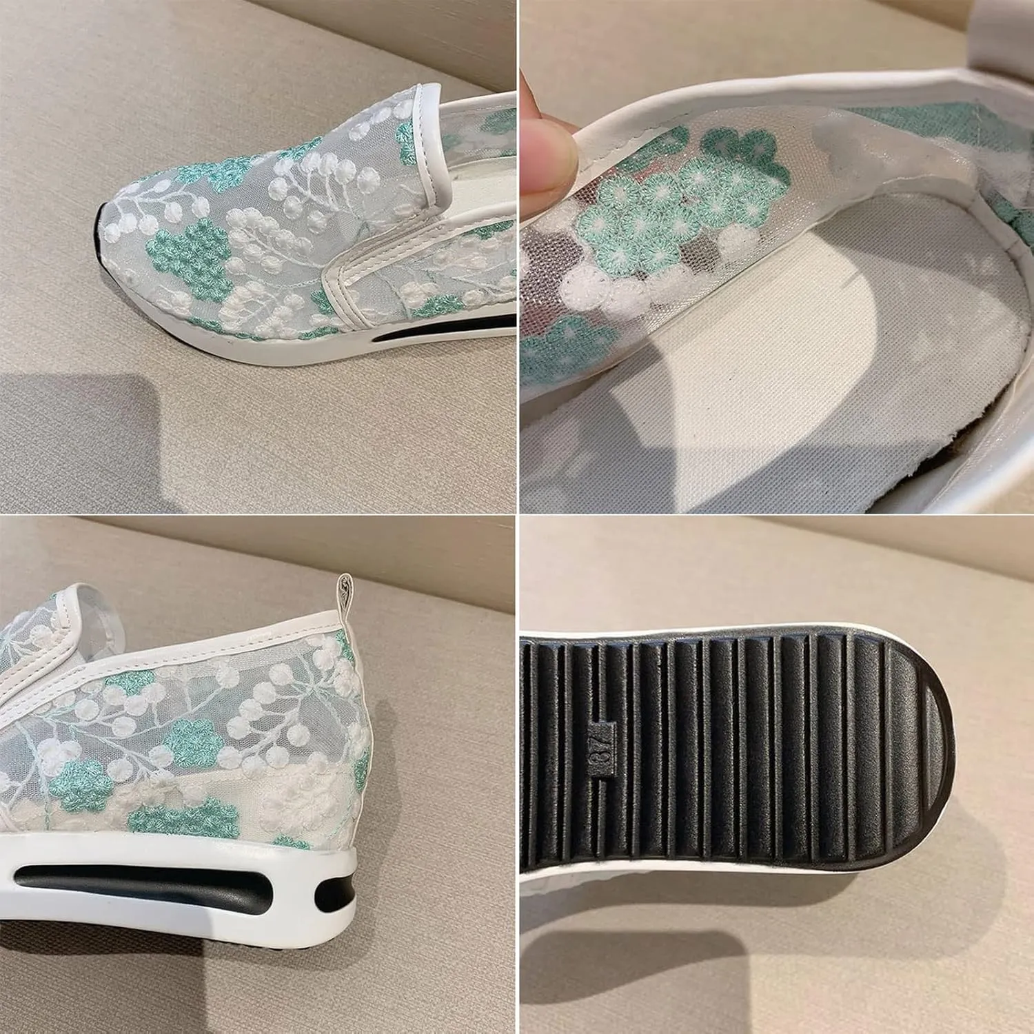Floral Embroidery Breathable Sheer Mesh Sneakers, 2023 Spring Lace Mesh Casual Shoes, Floral Embroidery Sheer Mesh Sneakers for Women (US 9,Green)