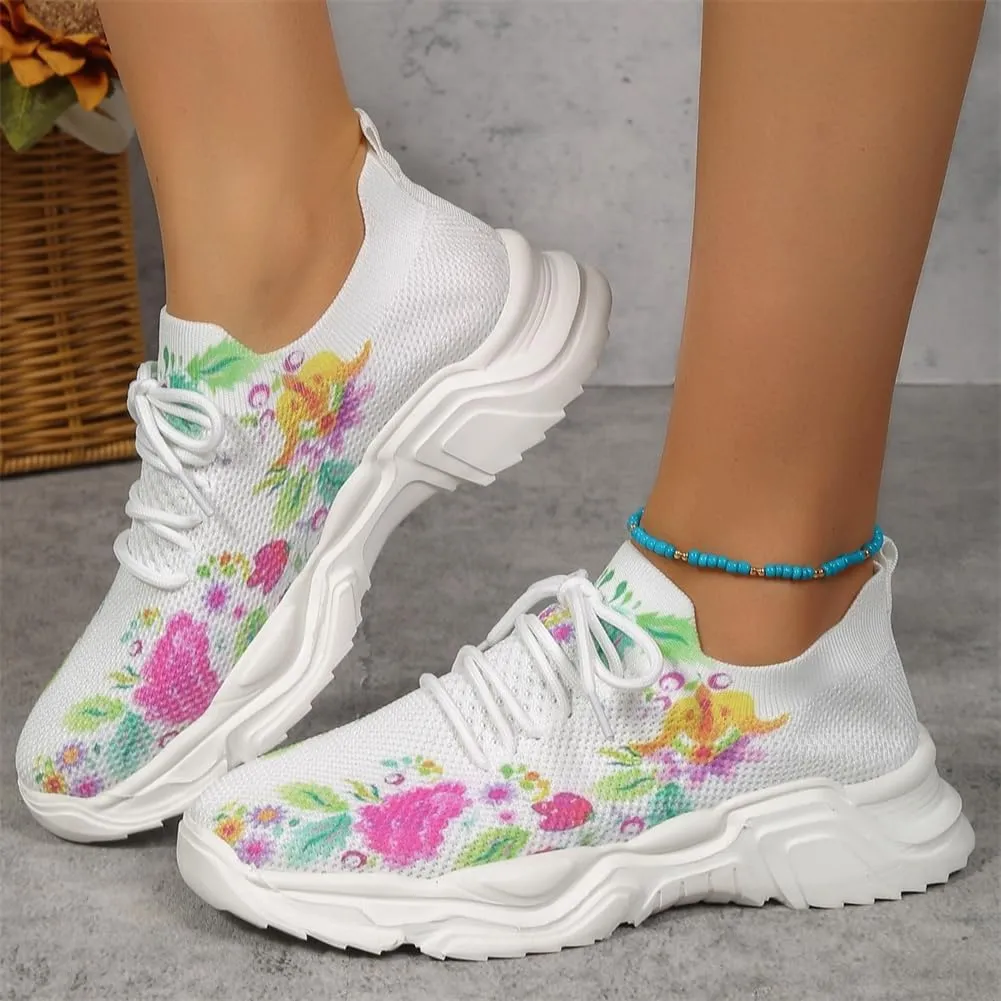 Floral Print Lace-Up Breathable Orthopedic Sneakers,Women's Mesh Breathable Sneakers,Anti-Slip Thick Soled Shoes.