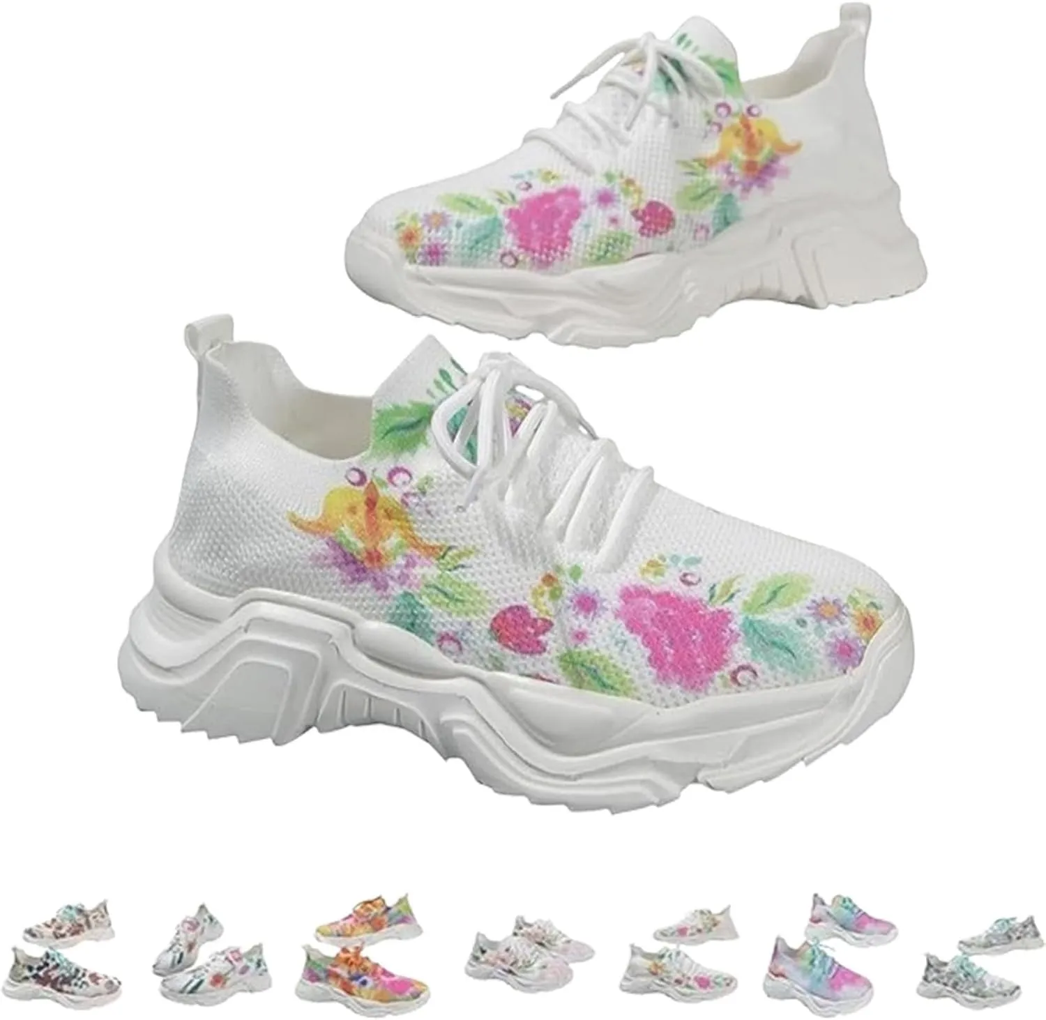 Floral Print Lace-Up Breathable Orthopedic Sneakers,Women's Mesh Breathable Sneakers,Anti-Slip Thick Soled Shoes.