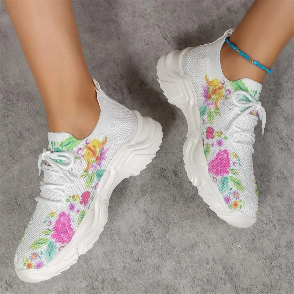 Floral Print Lace-Up Breathable Orthopedic Sneakers,Women's Mesh Breathable Sneakers,Anti-Slip Thick Soled Shoes.