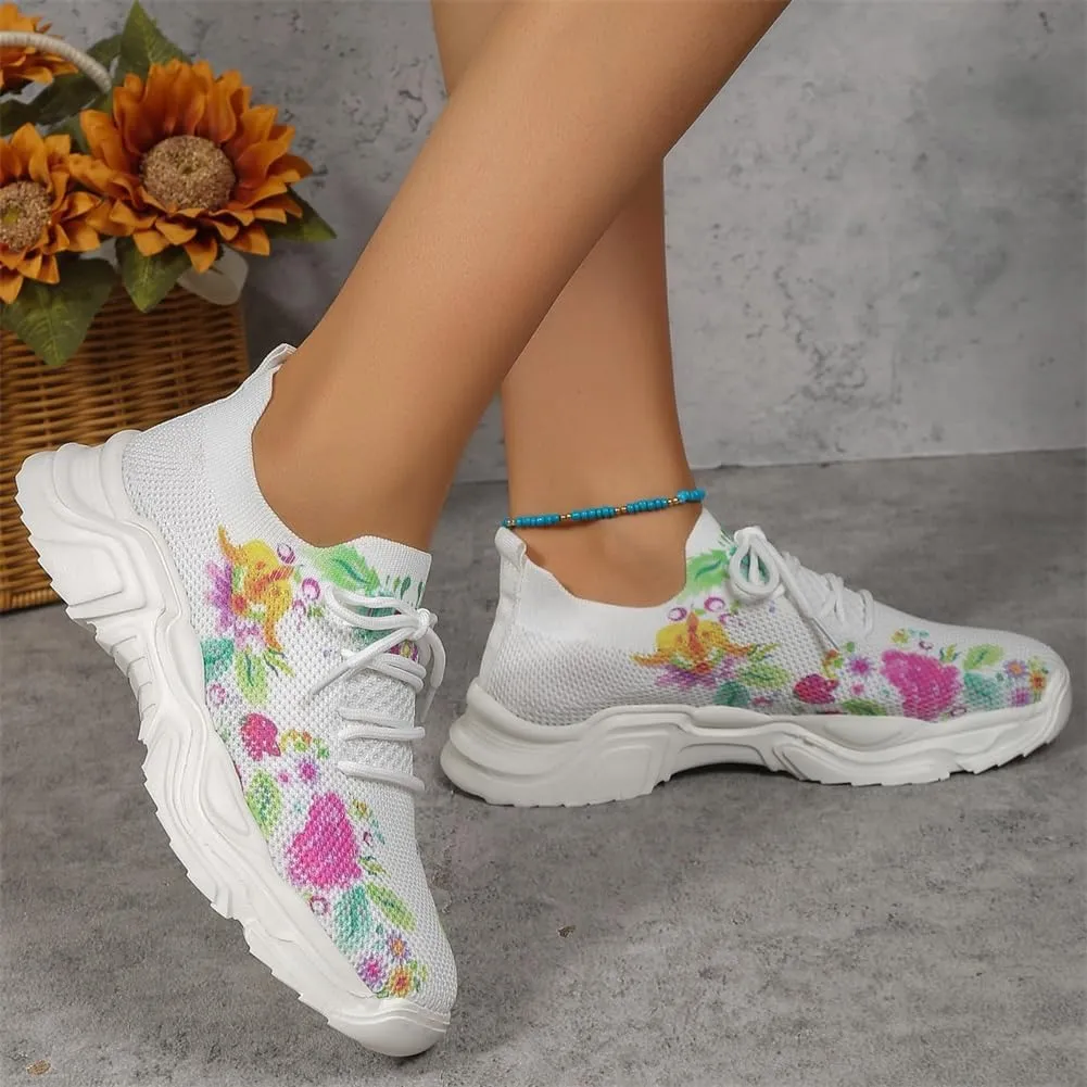 Floral Print Lace-Up Breathable Orthopedic Sneakers,Women's Mesh Breathable Sneakers,Anti-Slip Thick Soled Shoes.