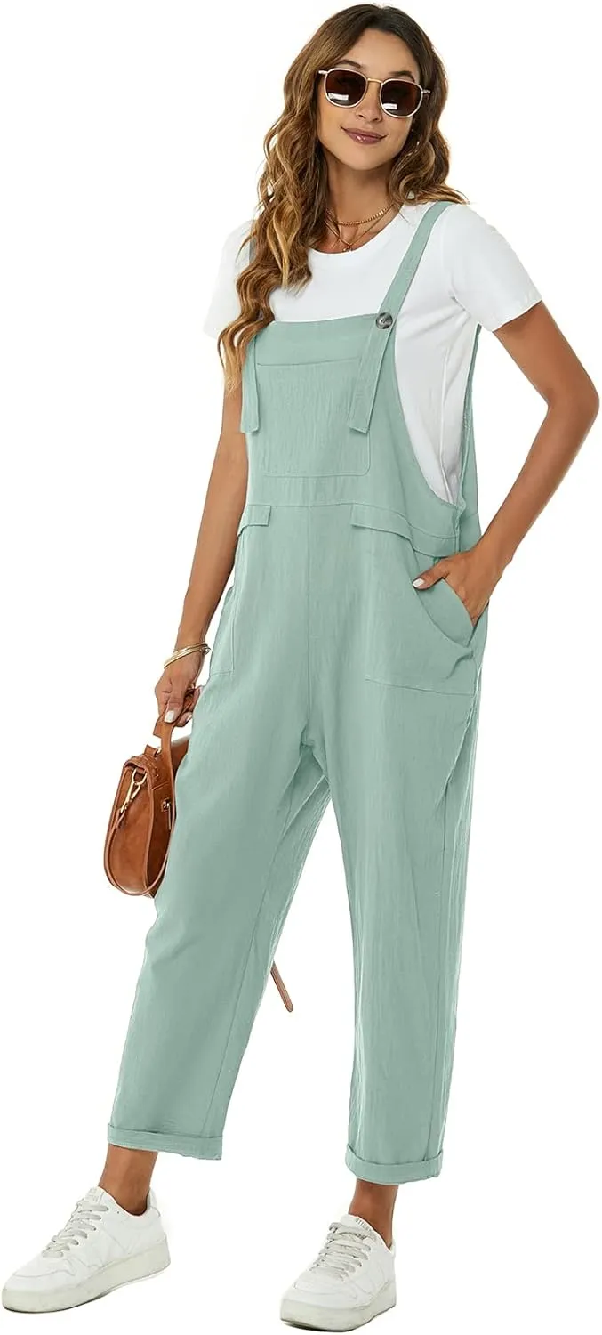 Flygo Womens Overalls Cotton Linen Overalls for Women Loose Fit Harem Wide Leg Jumpsuit with Pockets