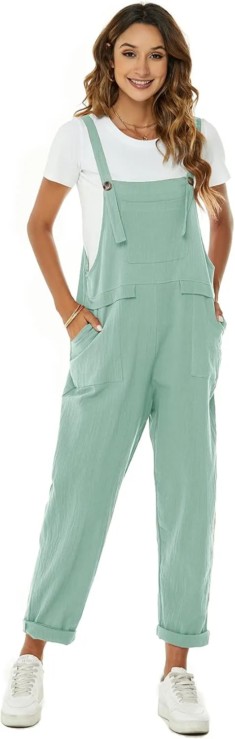 Flygo Womens Overalls Cotton Linen Overalls for Women Loose Fit Harem Wide Leg Jumpsuit with Pockets
