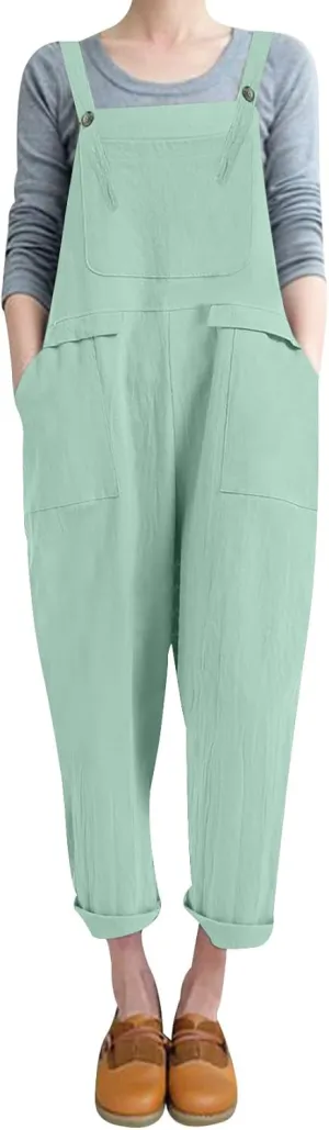 Flygo Womens Overalls Cotton Linen Overalls for Women Loose Fit Harem Wide Leg Jumpsuit with Pockets