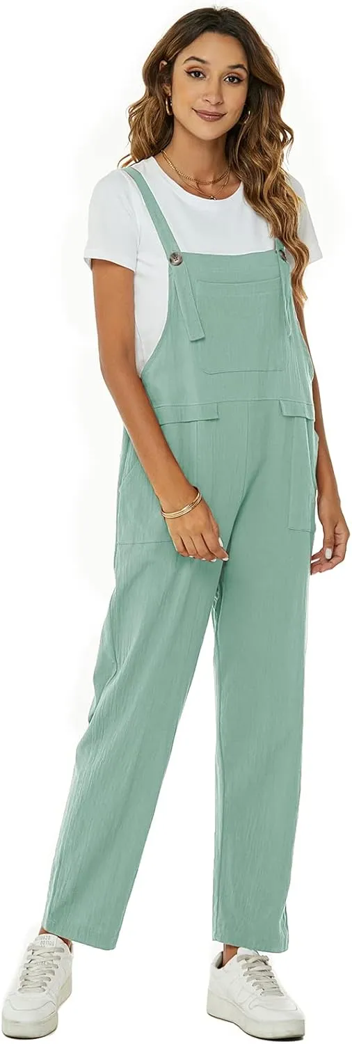 Flygo Womens Overalls Cotton Linen Overalls for Women Loose Fit Harem Wide Leg Jumpsuit with Pockets