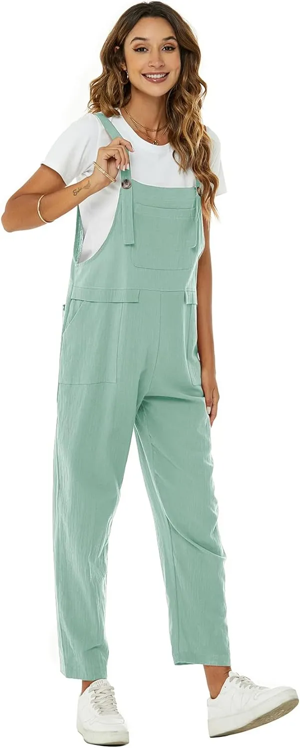 Flygo Womens Overalls Cotton Linen Overalls for Women Loose Fit Harem Wide Leg Jumpsuit with Pockets