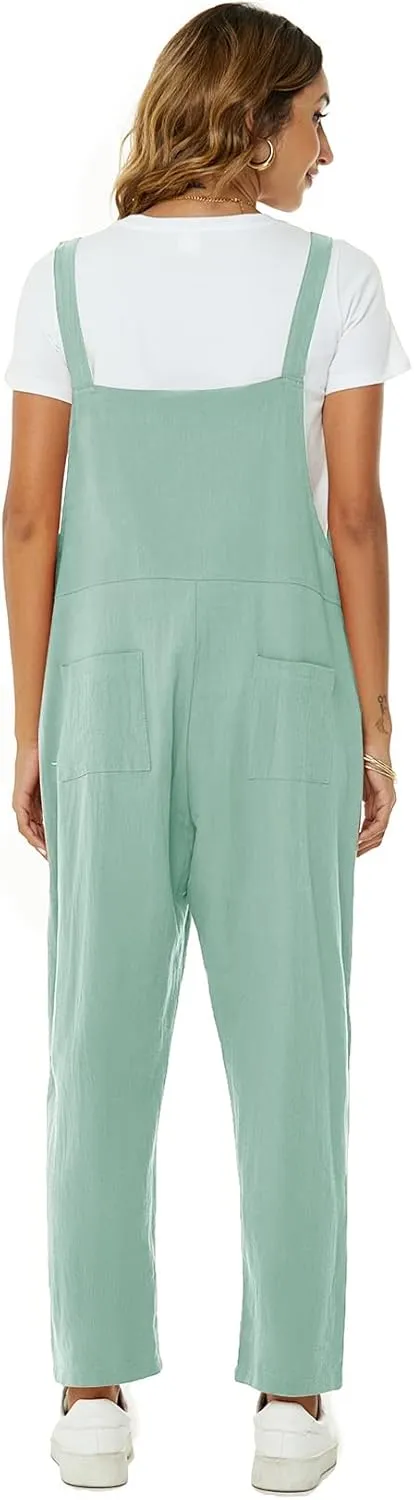 Flygo Womens Overalls Cotton Linen Overalls for Women Loose Fit Harem Wide Leg Jumpsuit with Pockets