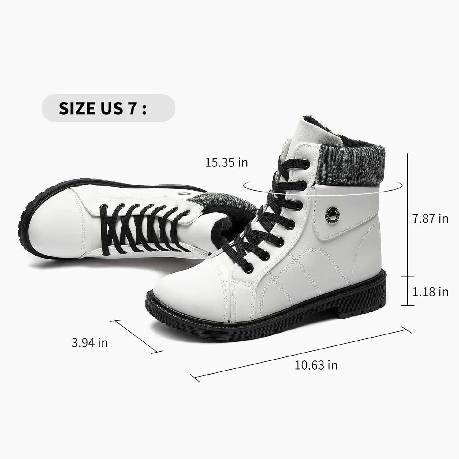 FRACORA Women's PU Leather Combat Boots Warm Fur Lined Black Ankle Booties Side Zipper White Boots Non-slip Winter Boots
