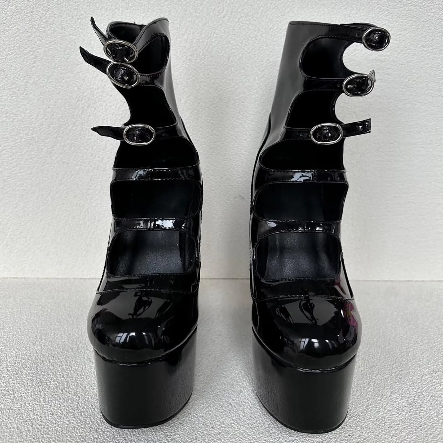 Frankie Hsu Lolita Women's Large Size Buckle Strap Leopard Patent Leather Platform Chunky Block High Heels Ankle Heeled Sandal Boots Shoes