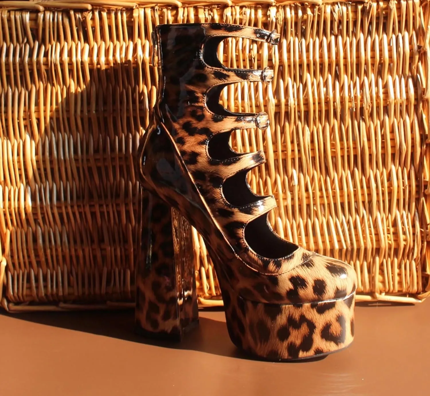 Frankie Hsu Lolita Women's Large Size Buckle Strap Leopard Patent Leather Platform Chunky Block High Heels Ankle Heeled Sandal Boots Shoes