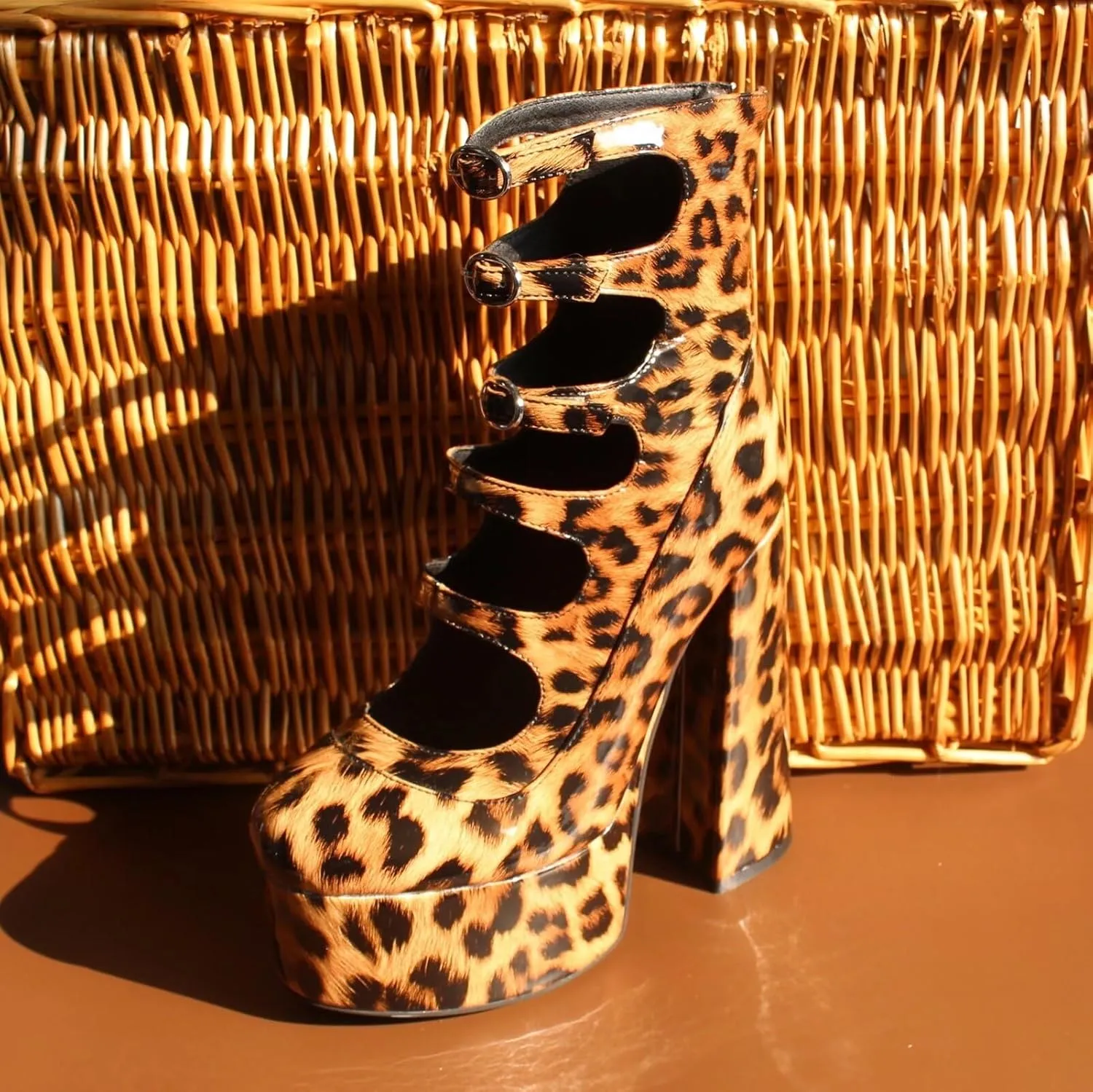 Frankie Hsu Lolita Women's Large Size Buckle Strap Leopard Patent Leather Platform Chunky Block High Heels Ankle Heeled Sandal Boots Shoes