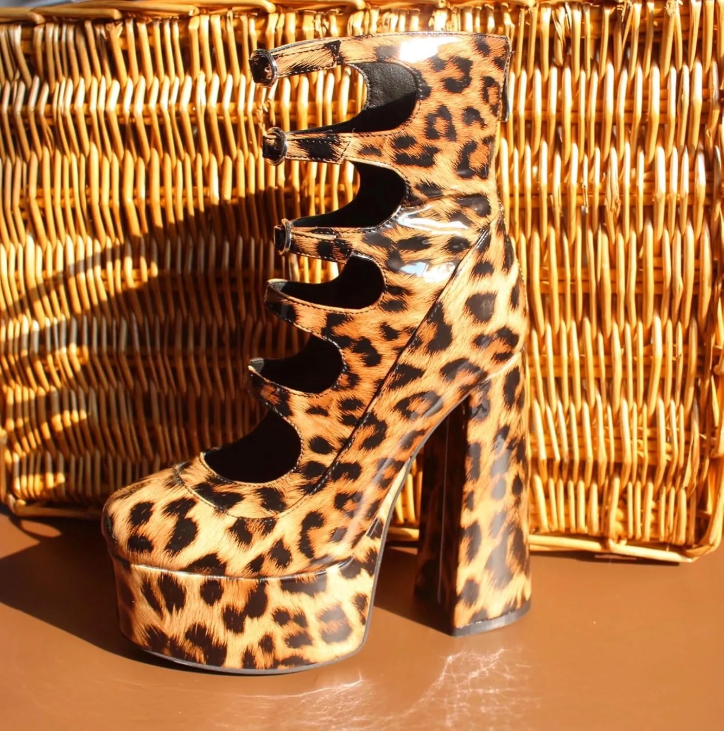 Frankie Hsu Lolita Women's Large Size Buckle Strap Leopard Patent Leather Platform Chunky Block High Heels Ankle Heeled Sandal Boots Shoes