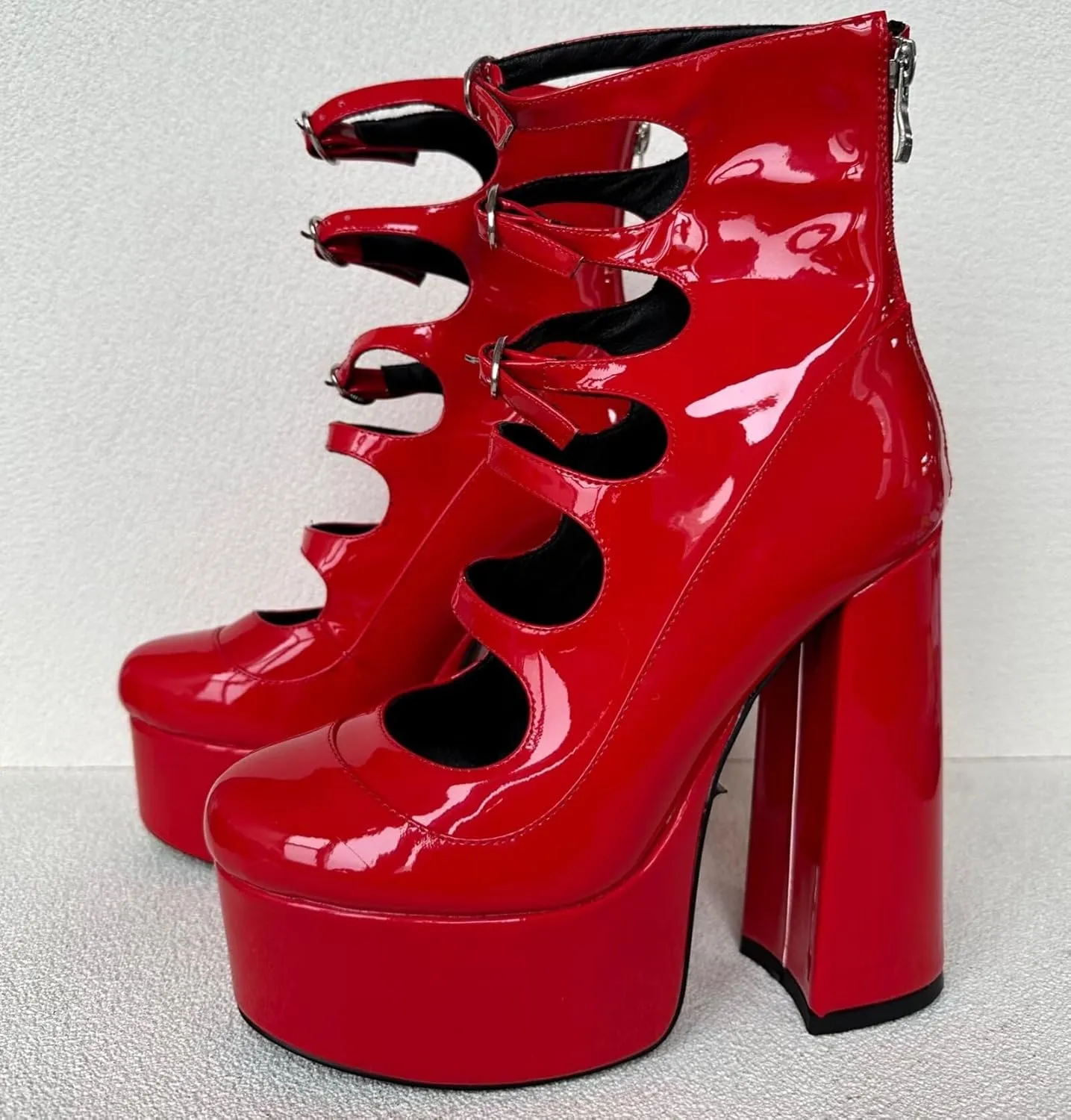 Frankie Hsu Lolita Women's Large Size Buckle Strap Leopard Patent Leather Platform Chunky Block High Heels Ankle Heeled Sandal Boots Shoes