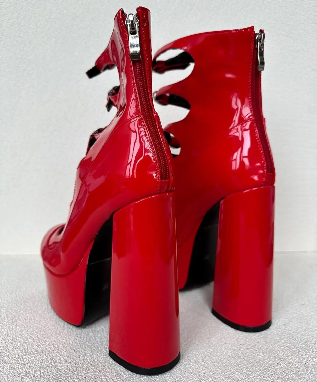 Frankie Hsu Lolita Women's Large Size Buckle Strap Leopard Patent Leather Platform Chunky Block High Heels Ankle Heeled Sandal Boots Shoes