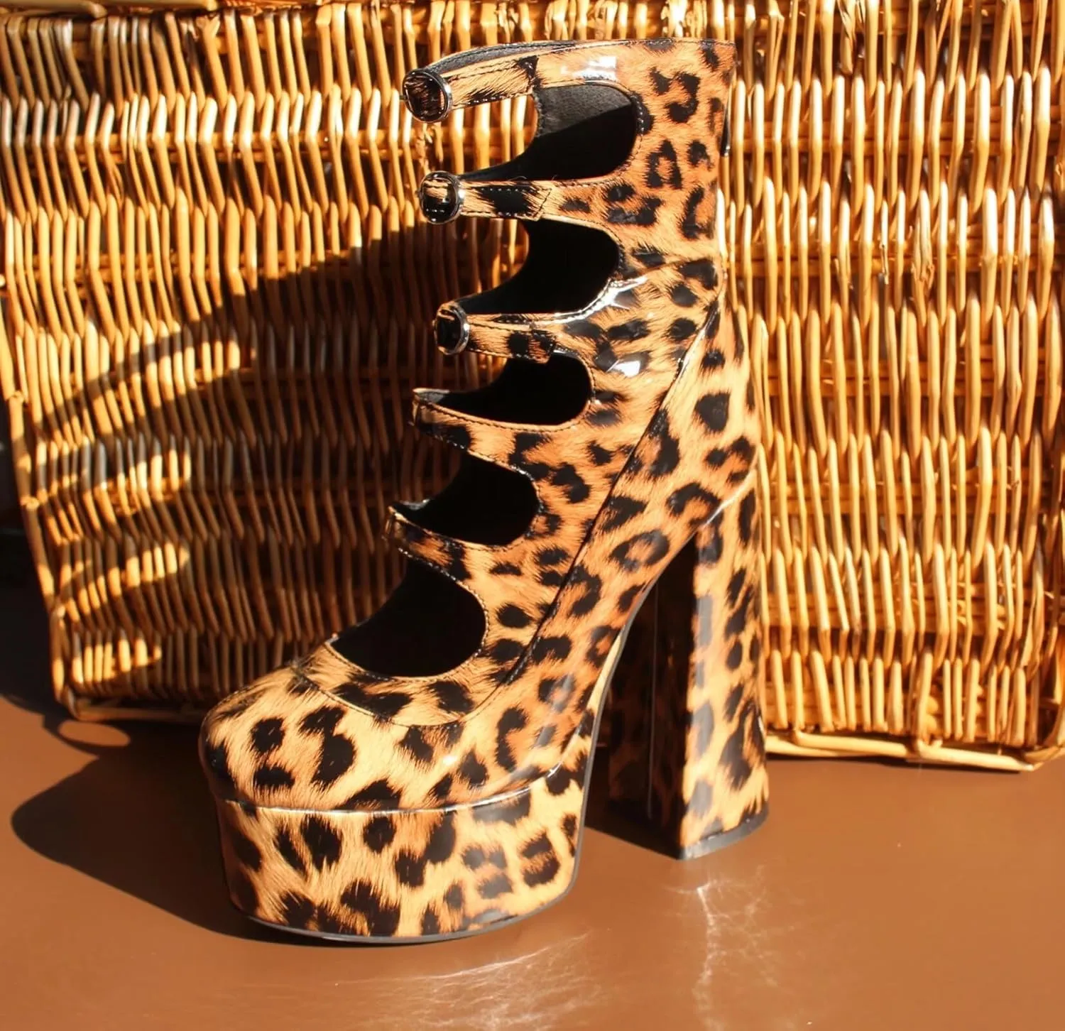 Frankie Hsu Lolita Women's Large Size Buckle Strap Leopard Patent Leather Platform Chunky Block High Heels Ankle Heeled Sandal Boots Shoes
