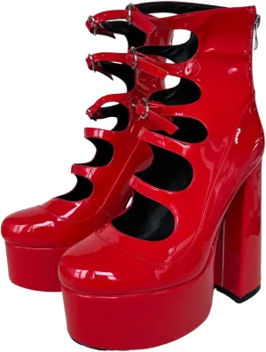 Frankie Hsu Lolita Women's Large Size Buckle Strap Leopard Patent Leather Platform Chunky Block High Heels Ankle Heeled Sandal Boots Shoes