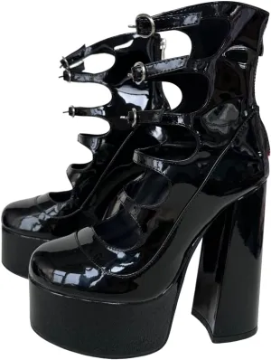 Frankie Hsu Lolita Women's Large Size Buckle Strap Leopard Patent Leather Platform Chunky Block High Heels Ankle Heeled Sandal Boots Shoes