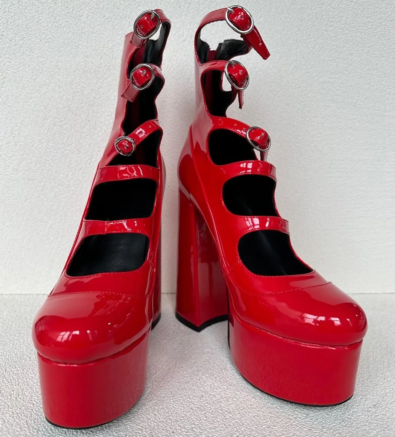 Frankie Hsu Lolita Women's Large Size Buckle Strap Leopard Patent Leather Platform Chunky Block High Heels Ankle Heeled Sandal Boots Shoes
