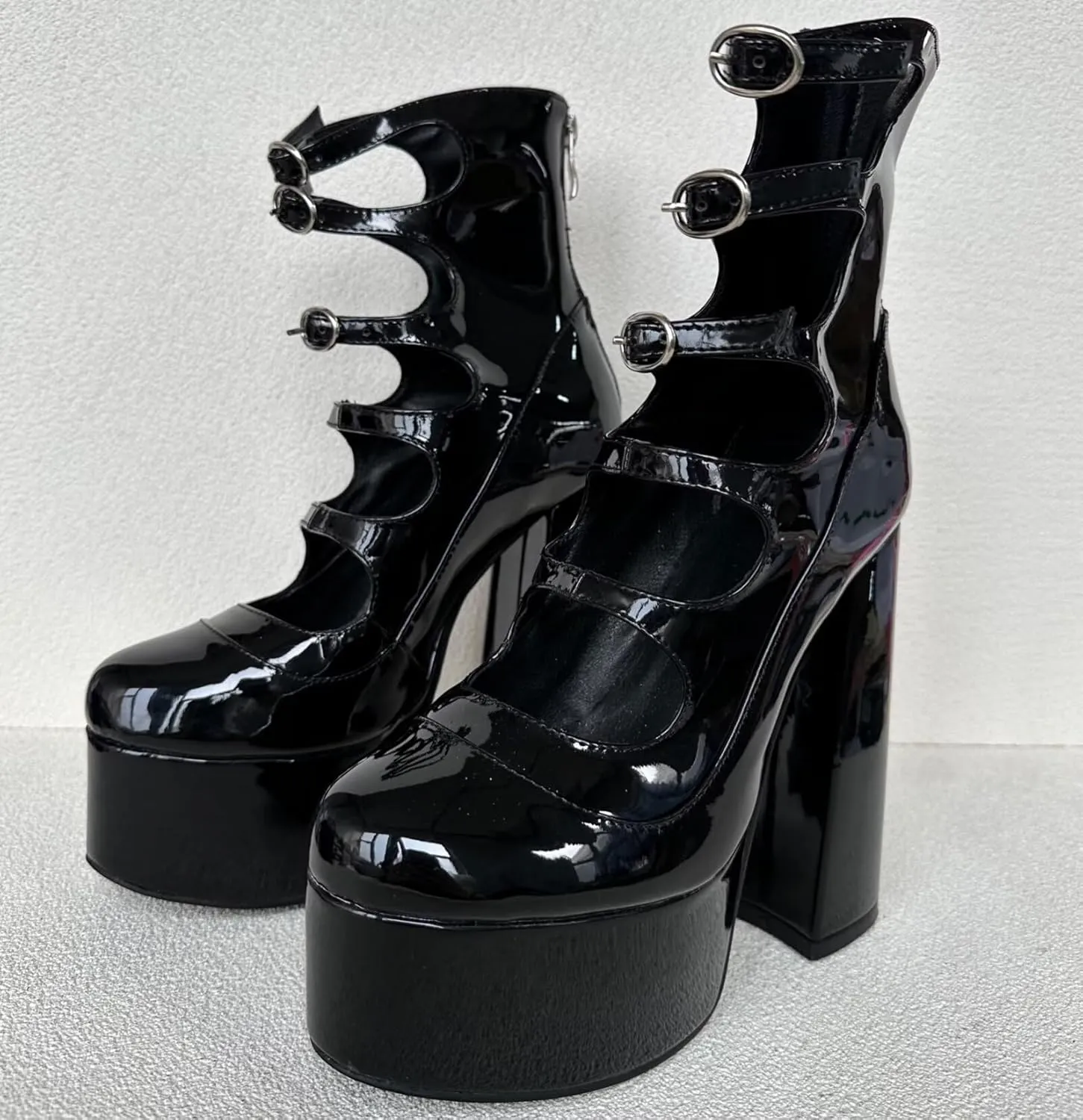 Frankie Hsu Lolita Women's Large Size Buckle Strap Leopard Patent Leather Platform Chunky Block High Heels Ankle Heeled Sandal Boots Shoes