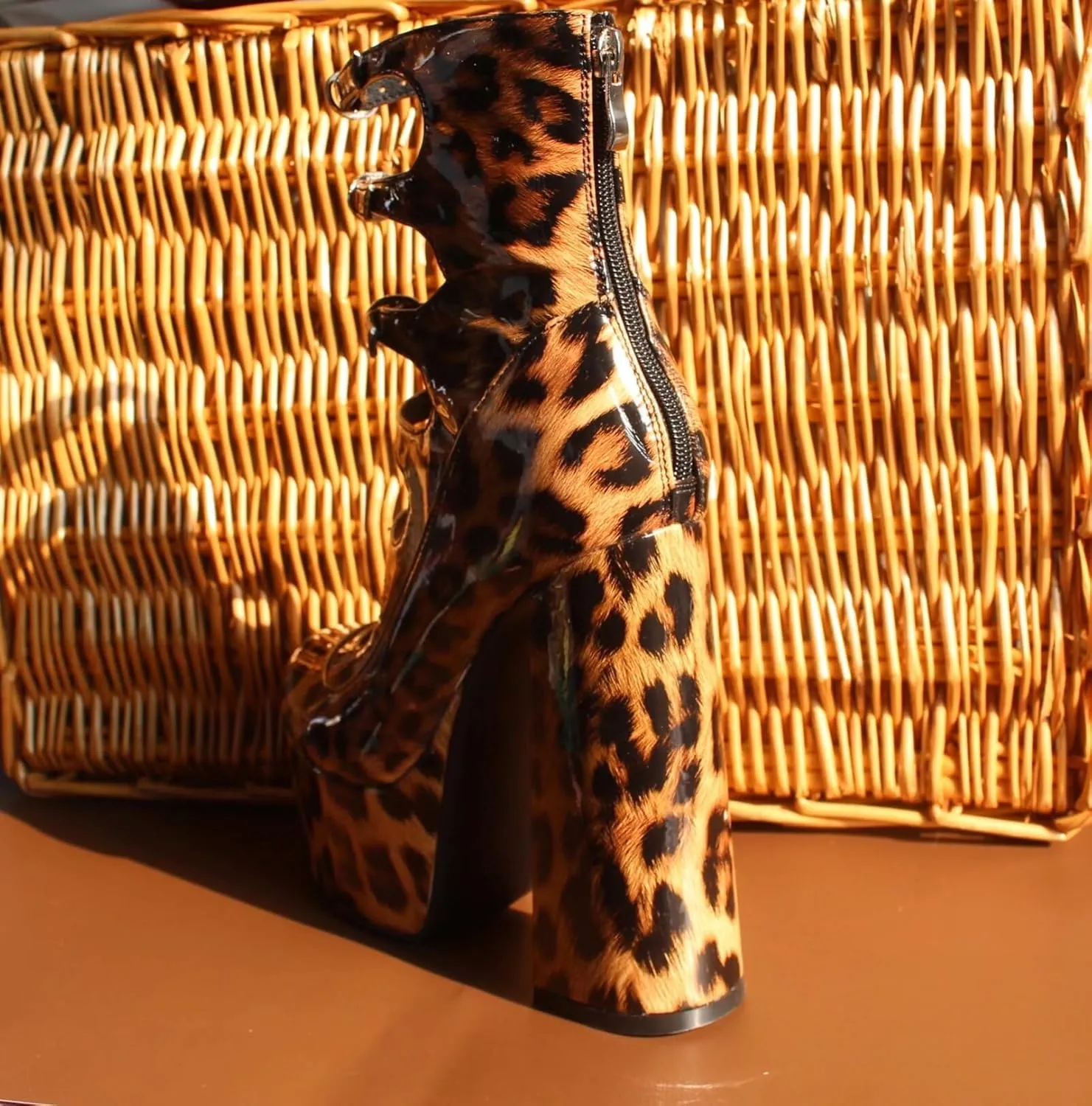 Frankie Hsu Lolita Women's Large Size Buckle Strap Leopard Patent Leather Platform Chunky Block High Heels Ankle Heeled Sandal Boots Shoes