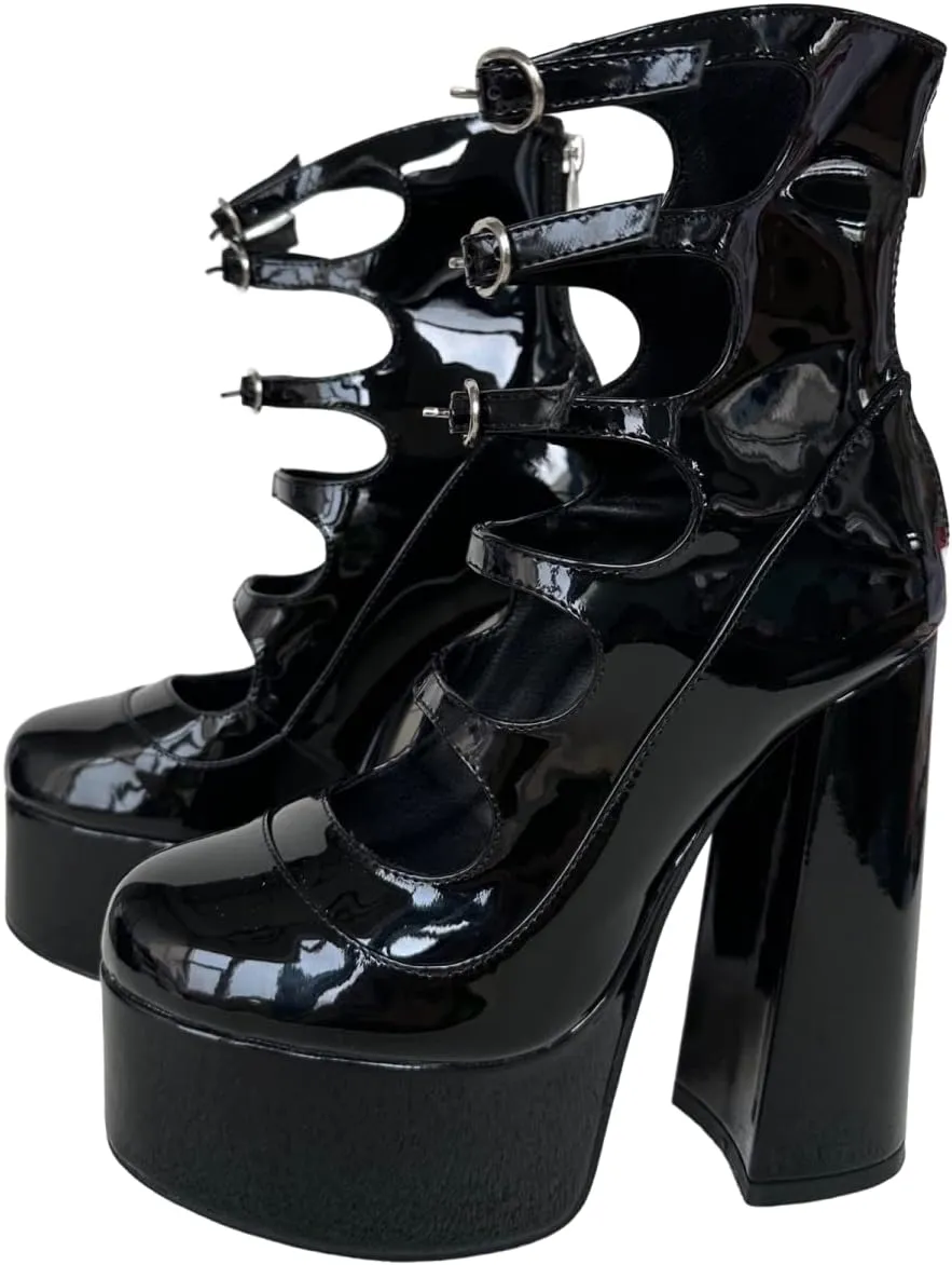 Frankie Hsu Lolita Women's Large Size Buckle Strap Leopard Patent Leather Platform Chunky Block High Heels Ankle Heeled Sandal Boots Shoes