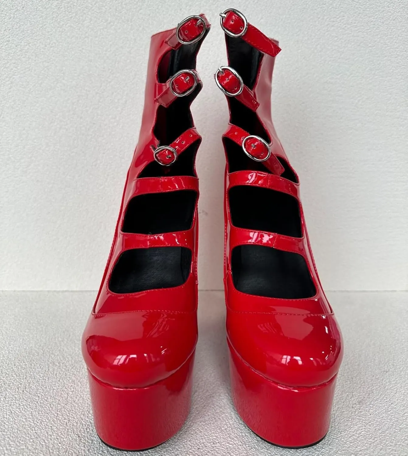 Frankie Hsu Lolita Women's Large Size Buckle Strap Leopard Patent Leather Platform Chunky Block High Heels Ankle Heeled Sandal Boots Shoes