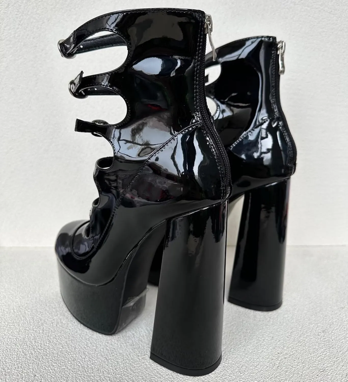 Frankie Hsu Lolita Women's Large Size Buckle Strap Leopard Patent Leather Platform Chunky Block High Heels Ankle Heeled Sandal Boots Shoes