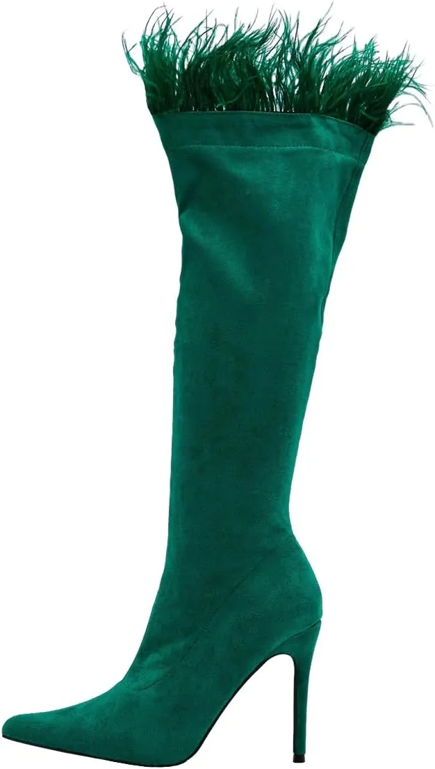 FSJ Women Sexy Crocodile Knee High Boots Stiletto Heels Pointed Toe Boots Opening with Feather Side Zipper Fashion Long Boots Shoes Size 4-16 US