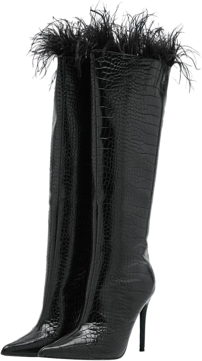 FSJ Women Sexy Crocodile Knee High Boots Stiletto Heels Pointed Toe Boots Opening with Feather Side Zipper Fashion Long Boots Shoes Size 4-16 US