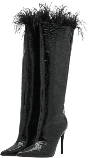 FSJ Women Sexy Crocodile Knee High Boots Stiletto Heels Pointed Toe Boots Opening with Feather Side Zipper Fashion Long Boots Shoes Size 4-16 US