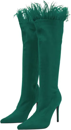 FSJ Women Sexy Crocodile Knee High Boots Stiletto Heels Pointed Toe Boots Opening with Feather Side Zipper Fashion Long Boots Shoes Size 4-16 US