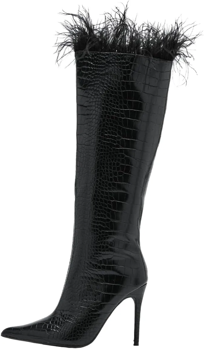 FSJ Women Sexy Crocodile Knee High Boots Stiletto Heels Pointed Toe Boots Opening with Feather Side Zipper Fashion Long Boots Shoes Size 4-16 US