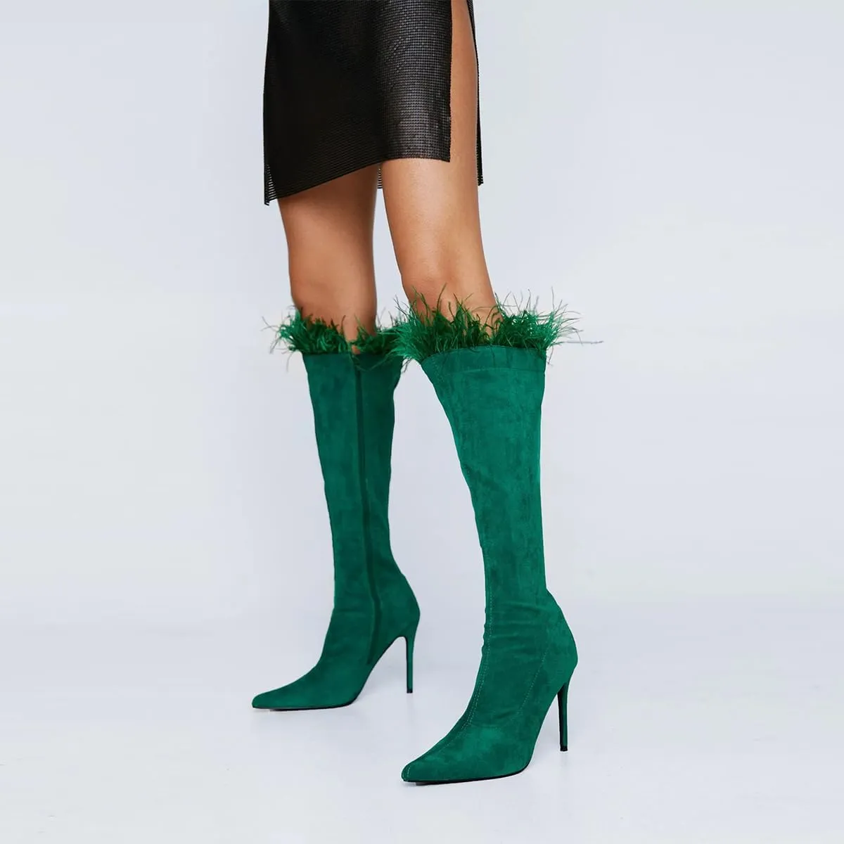 FSJ Women Sexy Crocodile Knee High Boots Stiletto Heels Pointed Toe Boots Opening with Feather Side Zipper Fashion Long Boots Shoes Size 4-16 US