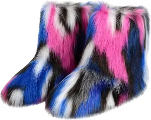 FUNCOS Women's Faux Fur Boots Mid-Calf Winter Furry Fuzzy Rave Boots Cosplay Costume